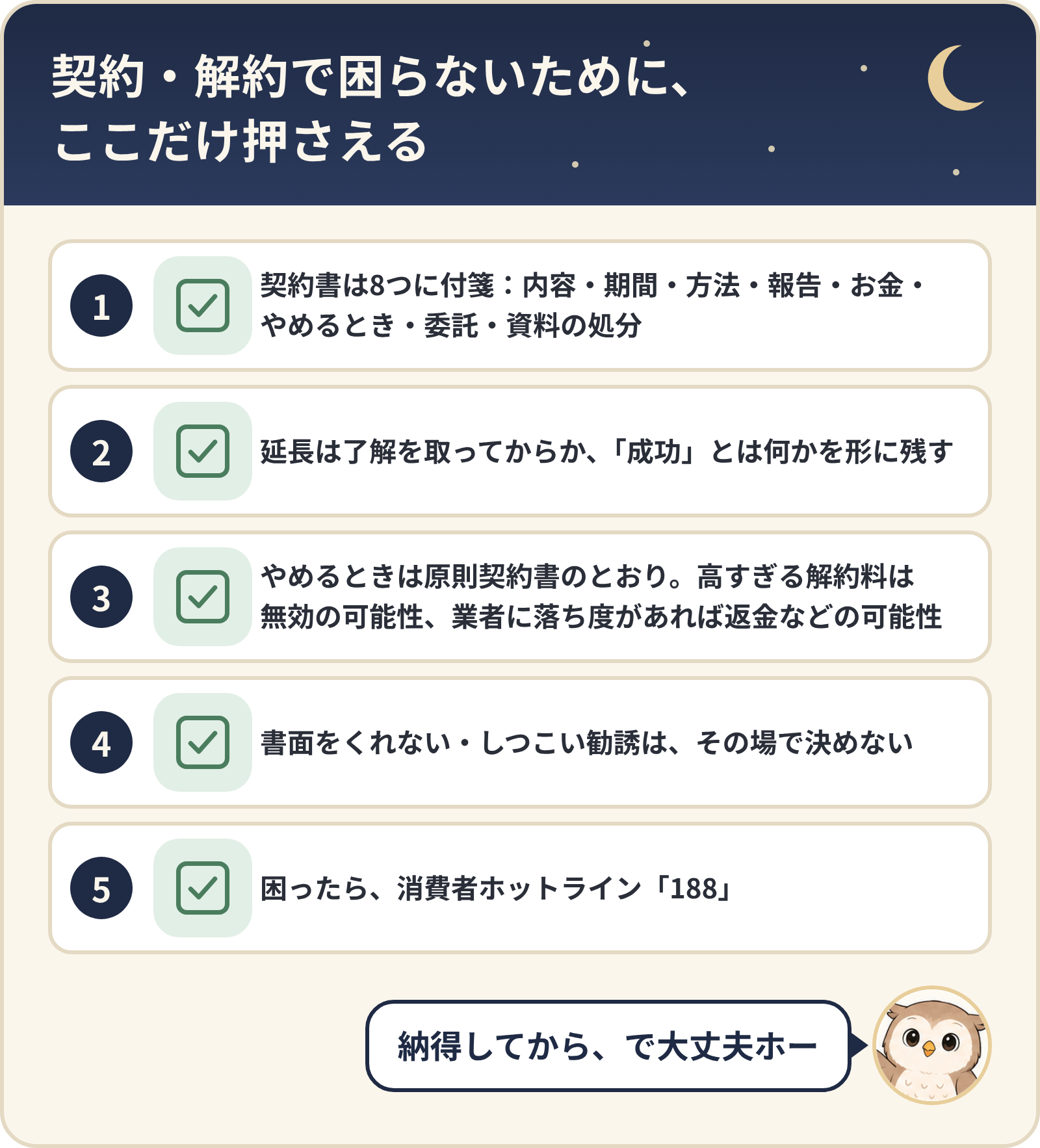 契約・解約で困らないために、ここだけ押さえる5つ。契約書は8つに付箋、延長と「成功」の意味を形に残す、やめるときは原則契約書のとおり(高すぎる解約料は無効の可能性)、書面をくれない・しつこい勧誘はその場で決めない、困ったら消費者ホットライン188